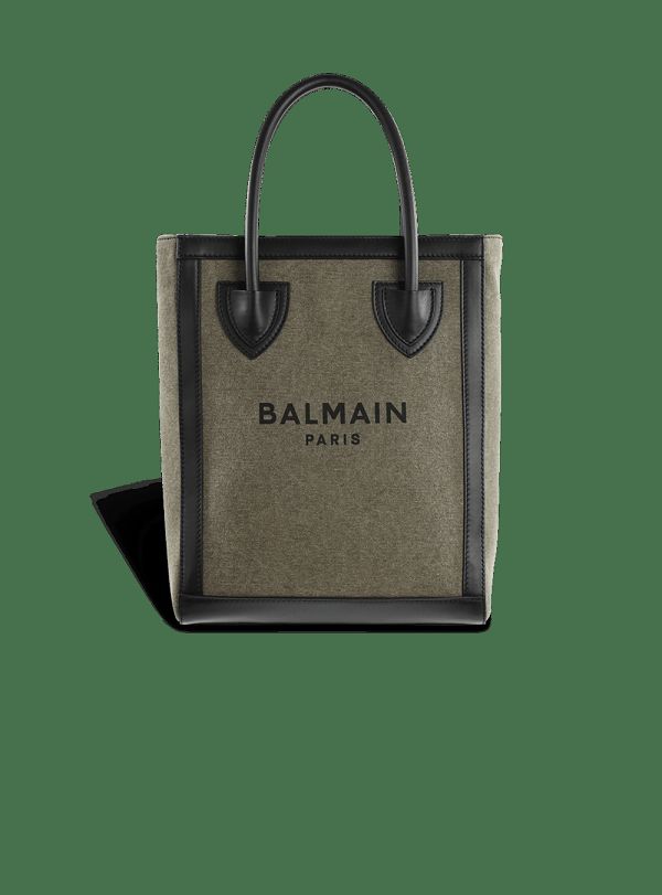 Women's Balmain Canvas B-Army 26 With Leather Panels Handbag Khaki | USA UzkiPVhJ