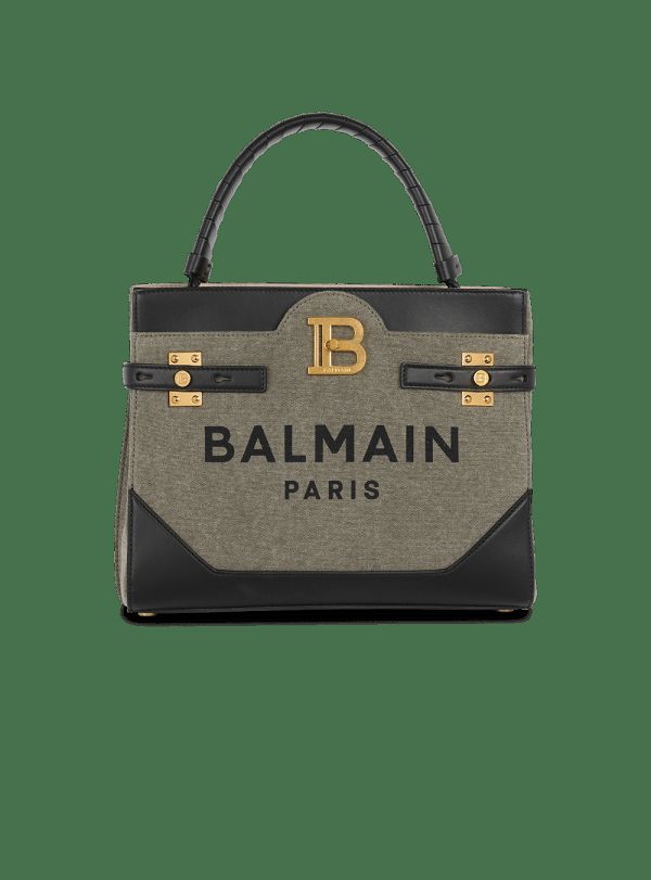 Women's Balmain Canvas B-Buzz Leather Panel Handbag Khaki | USA 8Igr3lVE