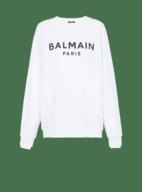 Women's Balmain Cotton Eco-designed With Flocked Logo Sweatshirts White | USA XRibNQ9x