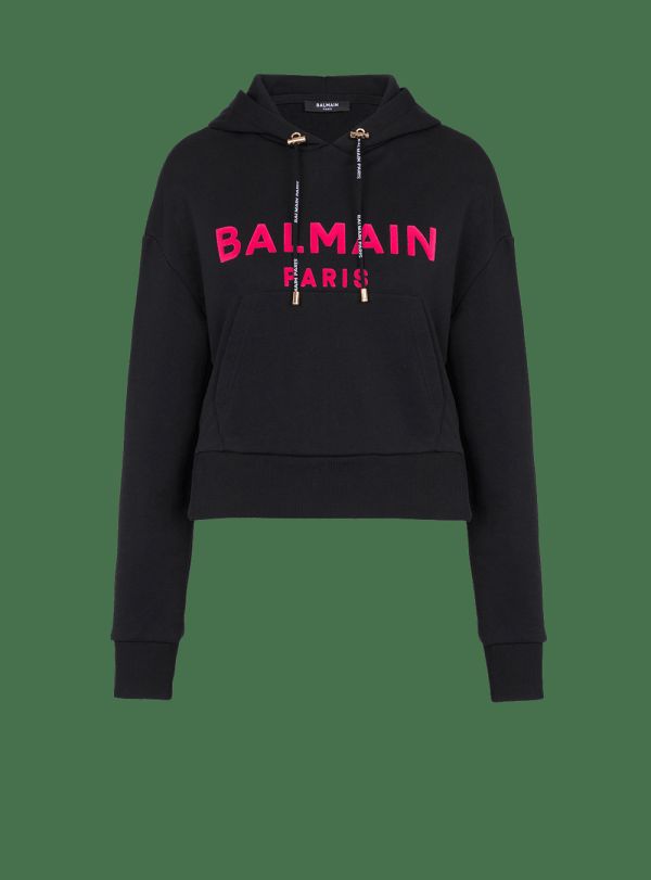 Women's Balmain Cotton Printed Logo Sweatshirts Black | USA 74WAL09g