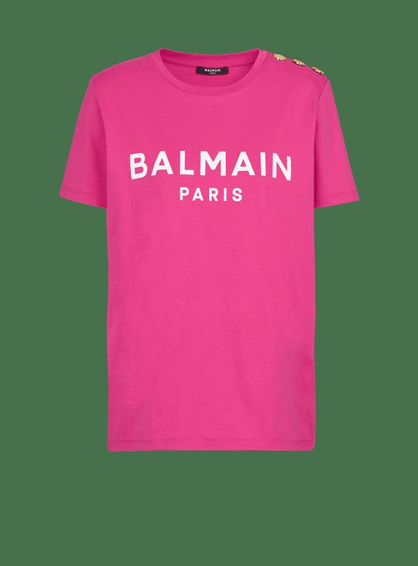 Women's Balmain Cotton Printed Logo T Shirts Pink | USA cIFP8zIY