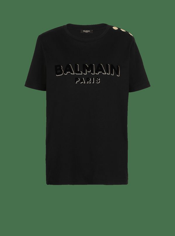 Women's Balmain Cotton With Flocked Metallic Logo T Shirts Black | USA gcDX6lmP