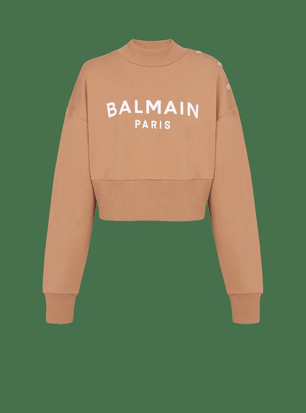 Women's Balmain Cropped Buttoned Logo Print Sweatshirts Brown | USA ROnWrC7z