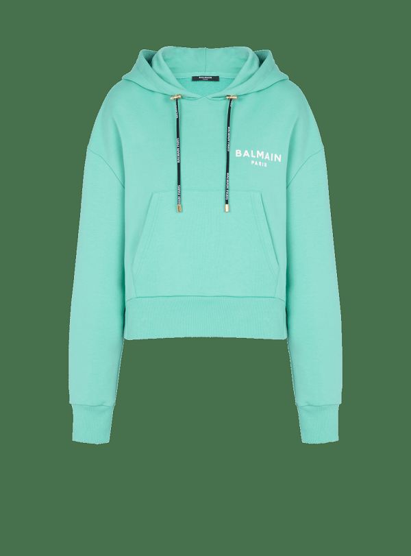 Women's Balmain Cropped Cotton With Flocked Logo Sweatshirts Blue | USA YBhIf7LQ