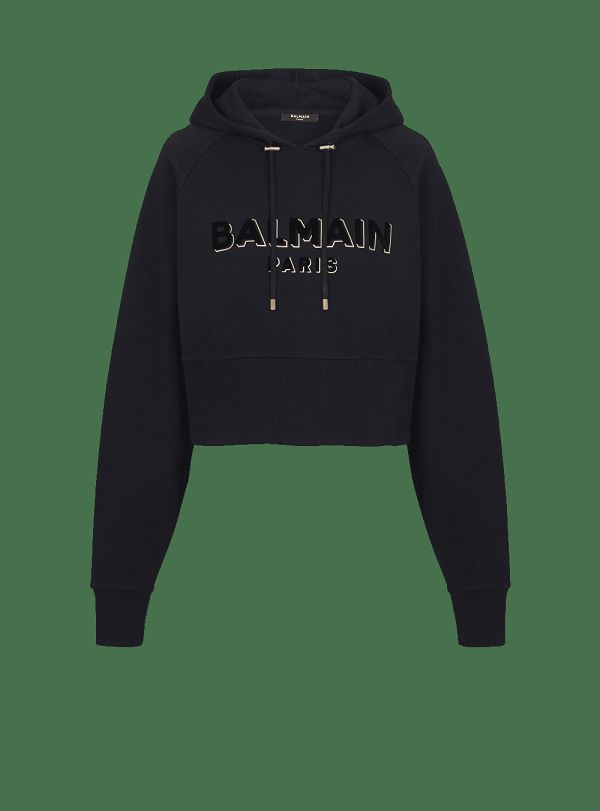 Women's Balmain Cropped Cotton With Flocked Metallic Logo Sweatshirts Black | USA gXimwjRR