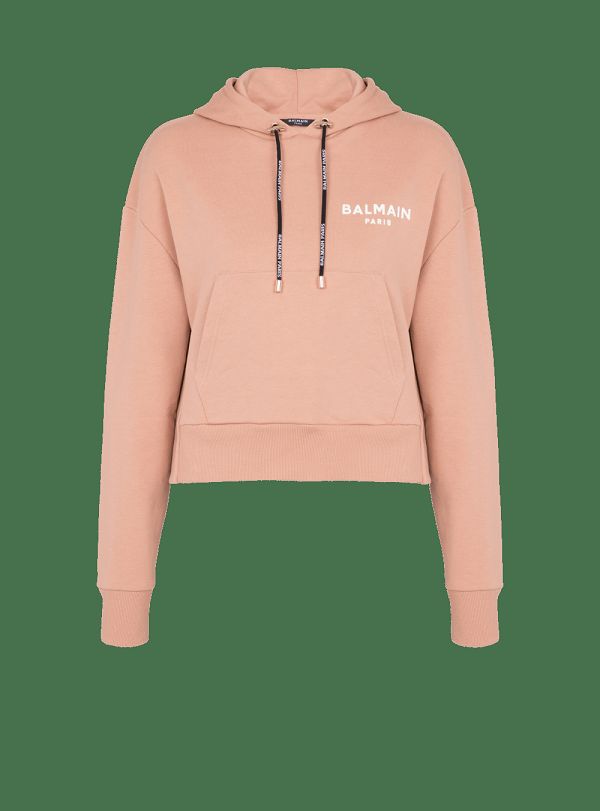 Women's Balmain Cropped Cotton With Flocked Logo Sweatshirts Pink | USA yHNT2jod