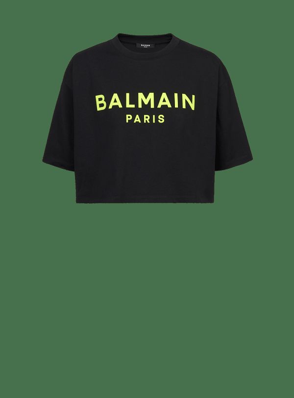 Women's Balmain Cropped Cotton With Logo Print T Shirts Yellow | USA 1HHmlIqK