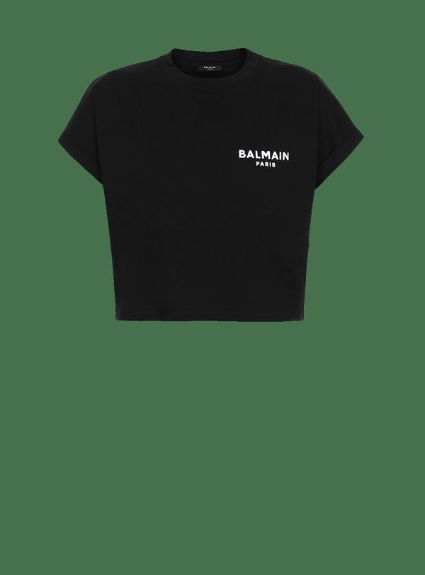 Women's Balmain Cropped Eco-designed Cotton With Small Flocked Logo T Shirts Black | USA 86gxat5S