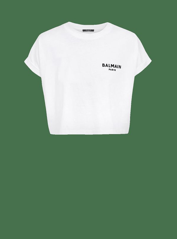 Women's Balmain Cropped Eco-designed Cotton With Small Flocked Logo T Shirts White | USA rkOFvzXE