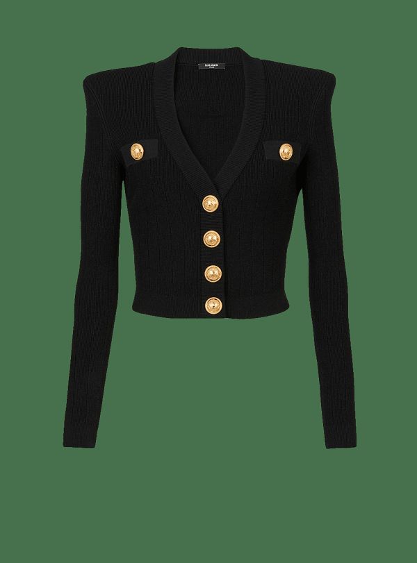 Women's Balmain Cropped Eco-designed Knit With Gold-tone Buttons Cardigan Black | USA GmnmdzOg