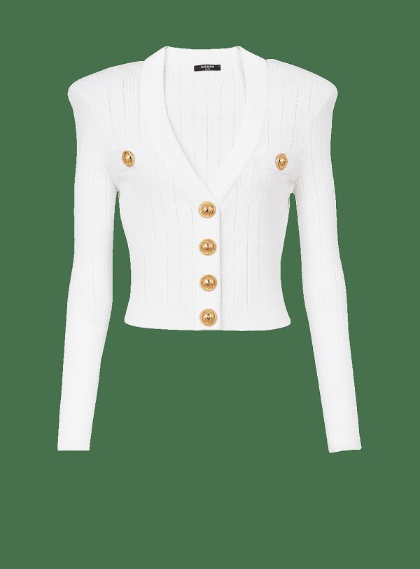 Women's Balmain Cropped Eco-designed Knit With Gold-tone Buttons Cardigan White | USA UgzgdF3y