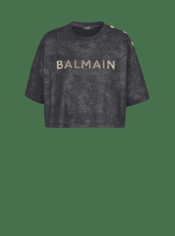 Women's Balmain Cropped Eco-responsible Cotton With Textured Logo Print T Shirts Black | USA 0nFy9b9C