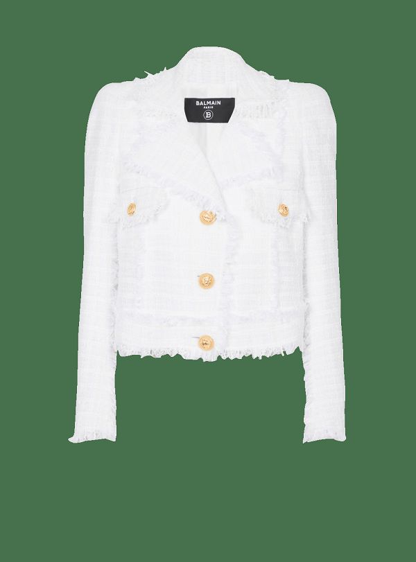 Women's Balmain Cropped Fringed Tweed Jackets White | USA dGue5JBR