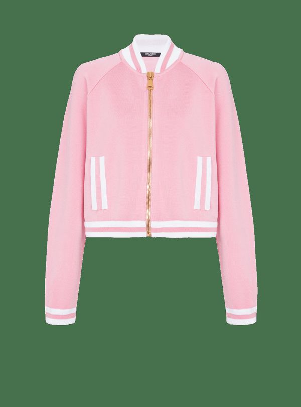 Women's Balmain Cropped Knitted Varsity With Striped Details Jackets Pink | USA HgSmzUjP