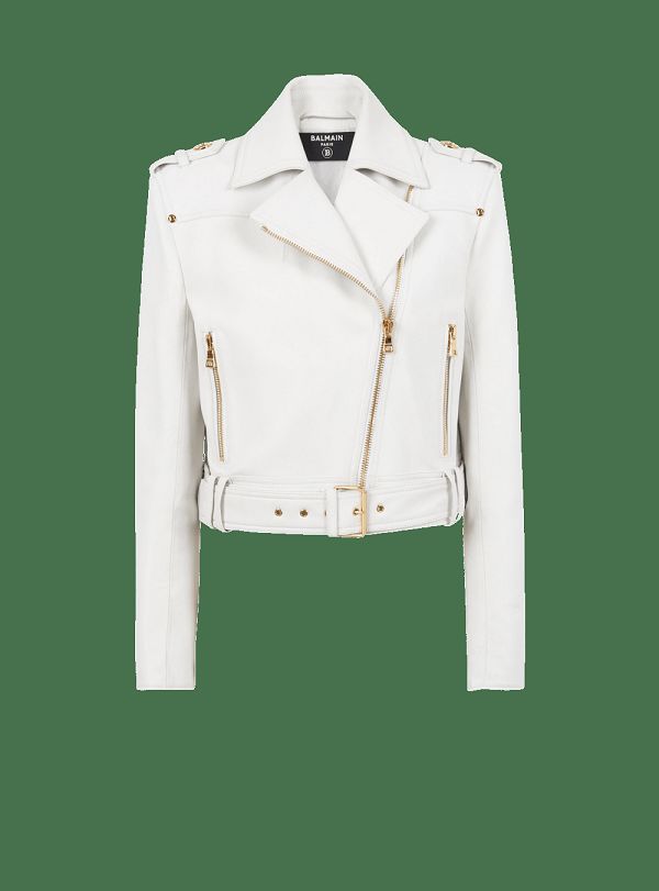 Women's Balmain Cropped Leather Biker Jackets White | USA L6YBbPAo