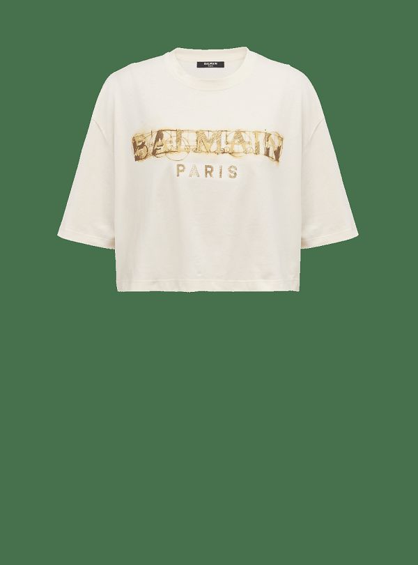 Women's Balmain Cropped Metallic Print T Shirts Beige | USA VXf8p7oR