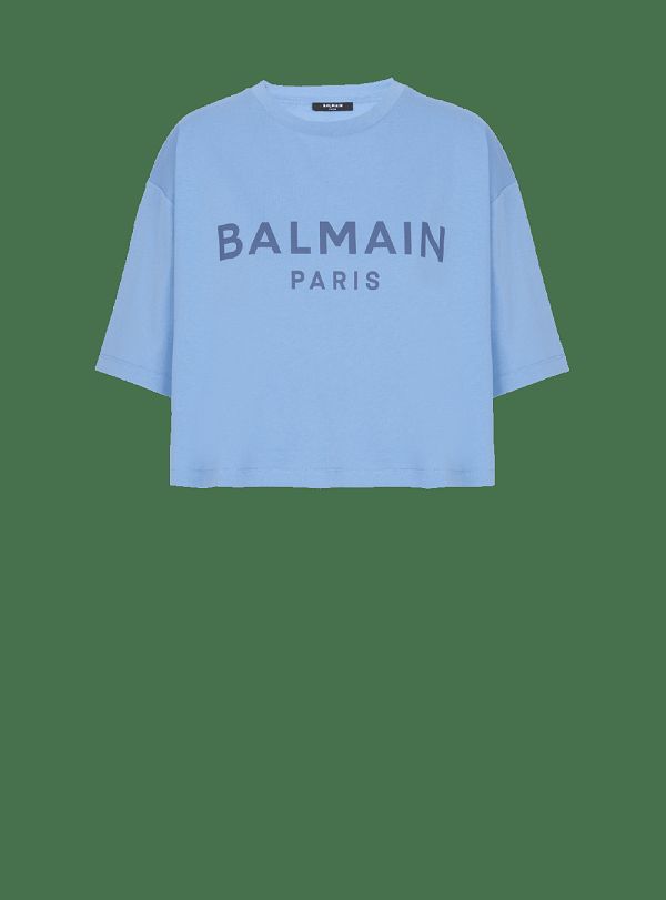 Women's Balmain Cropped Printed Logo T Shirts Blue | USA SgQfd9xL