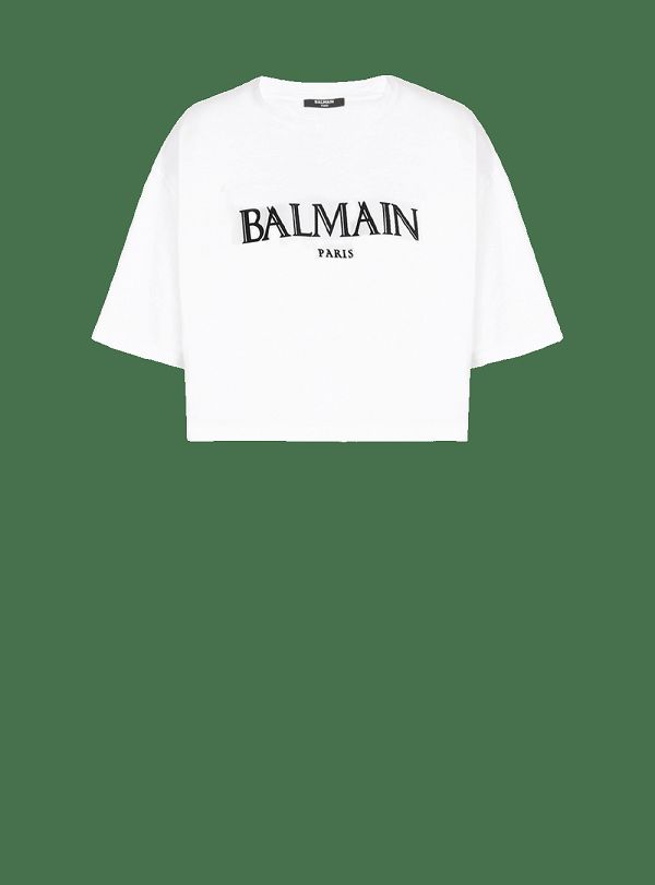 Women's Balmain Cropped With Rubber Roman Logo T Shirts White | USA chP0S13V