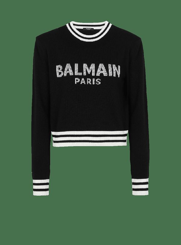 Women's Balmain Cropped Wool With Logo Sweatshirts Black | USA RxUsfWUE