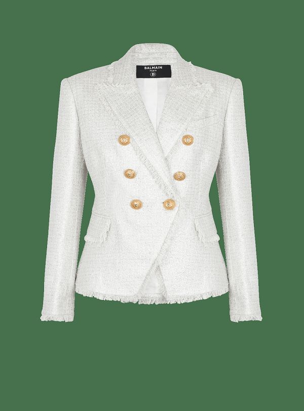 Women's Balmain Double-breasted Tweed Jackets Silver | USA kIBR6HEq