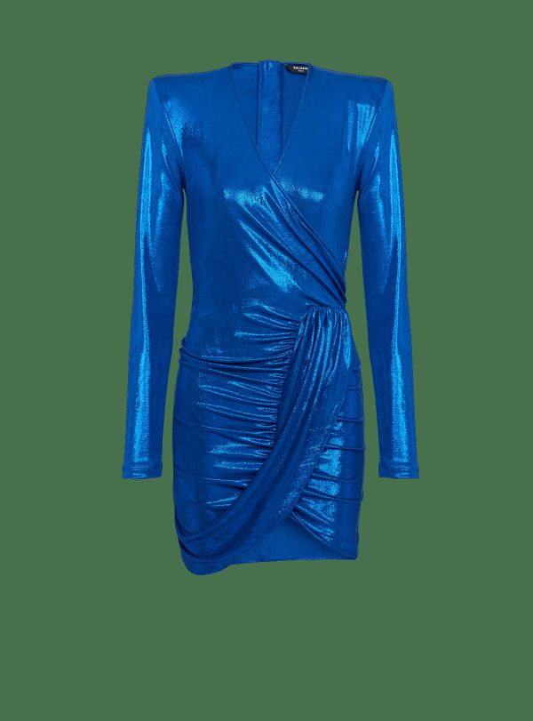 Women's Balmain Draped Jersey Lamé Dress Blue | USA dBC2QWwP