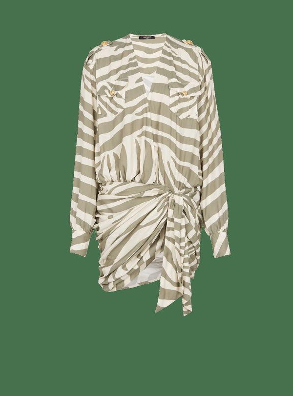 Women's Balmain Draped Zebra Print Dress Khaki | USA h0hnu6Pi