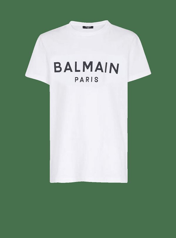 Women's Balmain Eco-designed Cotton With Flocked Logo T Shirts White | USA 18ii6kHZ