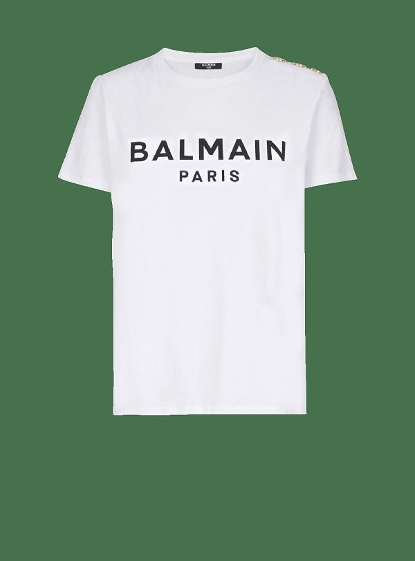 Women's Balmain Eco-designed Cotton With Logo Print T Shirts White | USA 1CxzWPtI