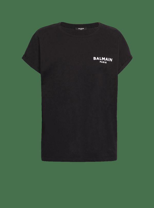 Women's Balmain Eco-designed Cotton With Small Flocked Logo T Shirts Black | USA N5WAKhLt