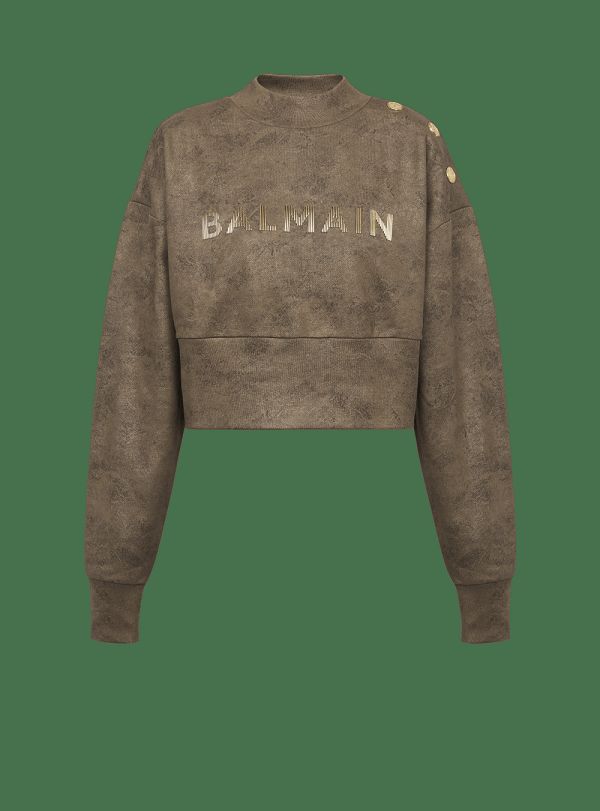 Women's Balmain Eco-responsible Cotton Cropped With Metallic Logo Sweatshirts Khaki | USA w6N6zHih