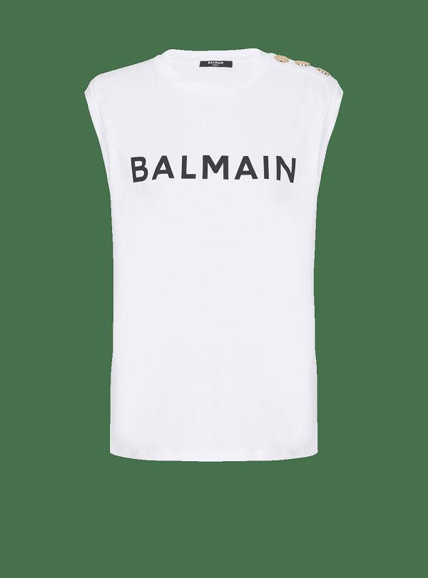 Women's Balmain Eco-responsible Cotton With Logo Print T Shirts White | USA 4KR42bka