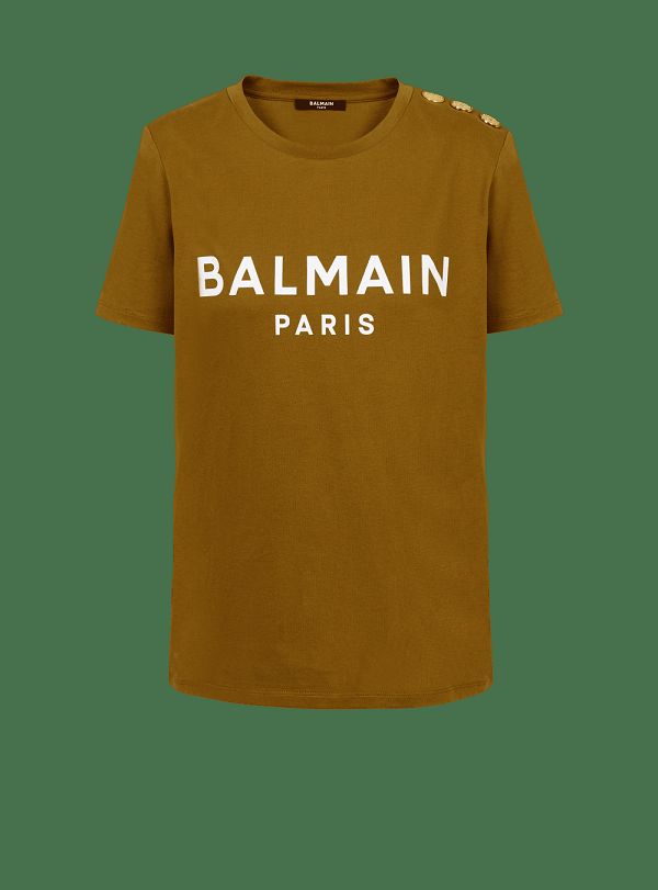 Women's Balmain Eco-responsible Cotton With Logo Print T Shirts Khaki | USA EYpEFOKZ