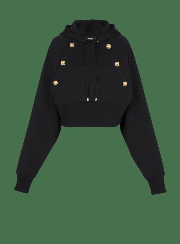 Women's Balmain Eco-responsible Cropped Cotton With Gold Buttons Sweatshirts Black | USA 6EEfGdBe