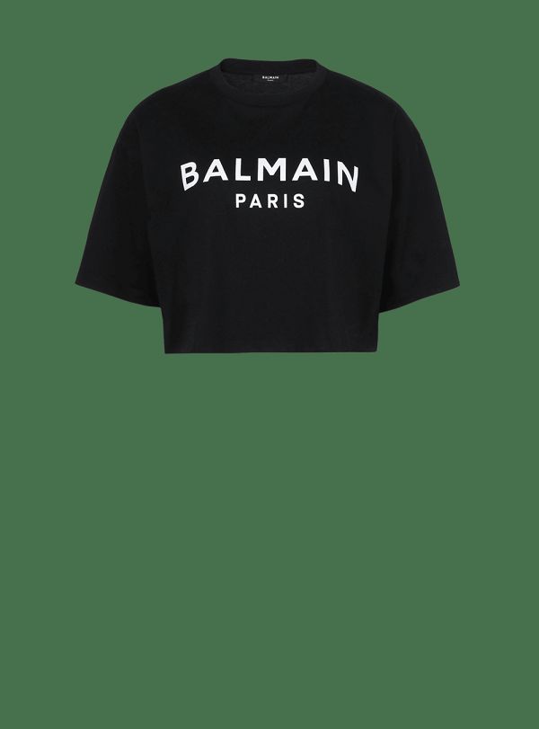 Women's Balmain Eco-responsible Cropped Cotton With Logo Print T Shirts Black | USA SdanVqDn