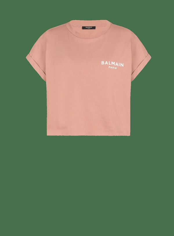 Women's Balmain Eco-responsible Cropped Cotton With Logo Print T Shirts Pink | USA qOuKiPF6