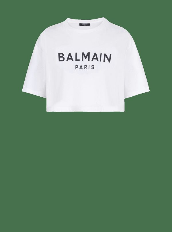 Women's Balmain Eco-responsible Cropped Cotton With Logo Print T Shirts White | USA ucYNNcvU