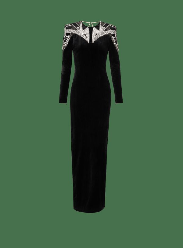 Women's Balmain Embroidered Velvet Dress Black | USA J3cMmu1e