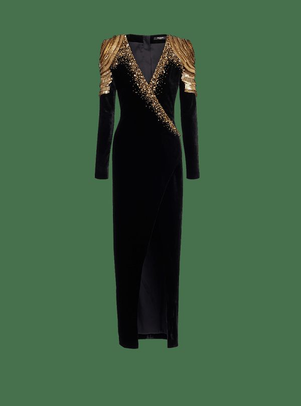 Women's Balmain Embroidered Velvet Long Dress Black | USA mWAKOrxw