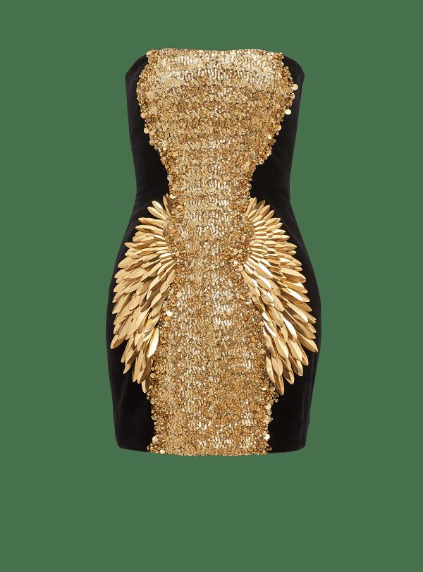 Women's Balmain Embroidered Velvet Strapless Dress Gold | USA Oz4fvPOD