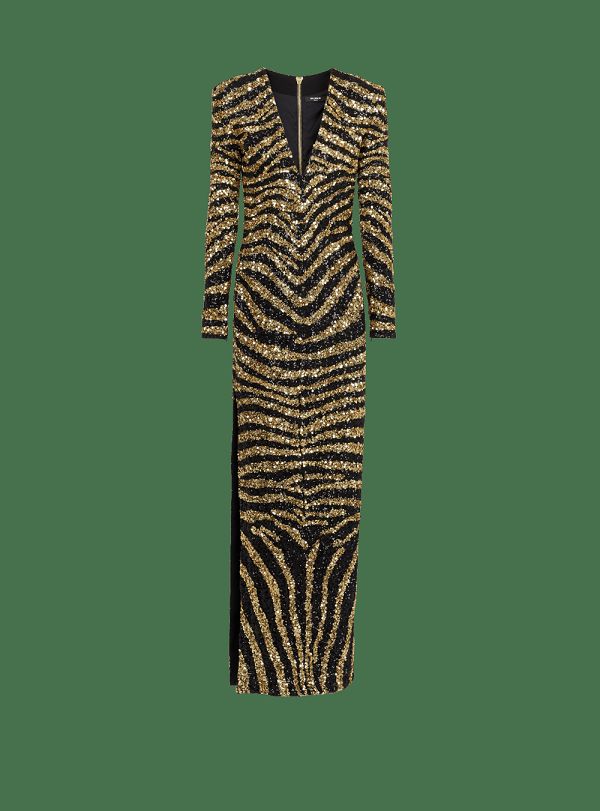 Women's Balmain Embroidered Zebra Long Dress Gold | USA 3vAbdqAM