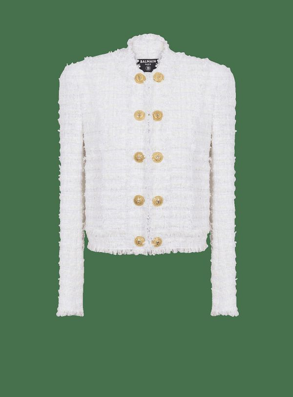 Women's Balmain Fringed Tweed Jackets White | USA 16tLiCA6