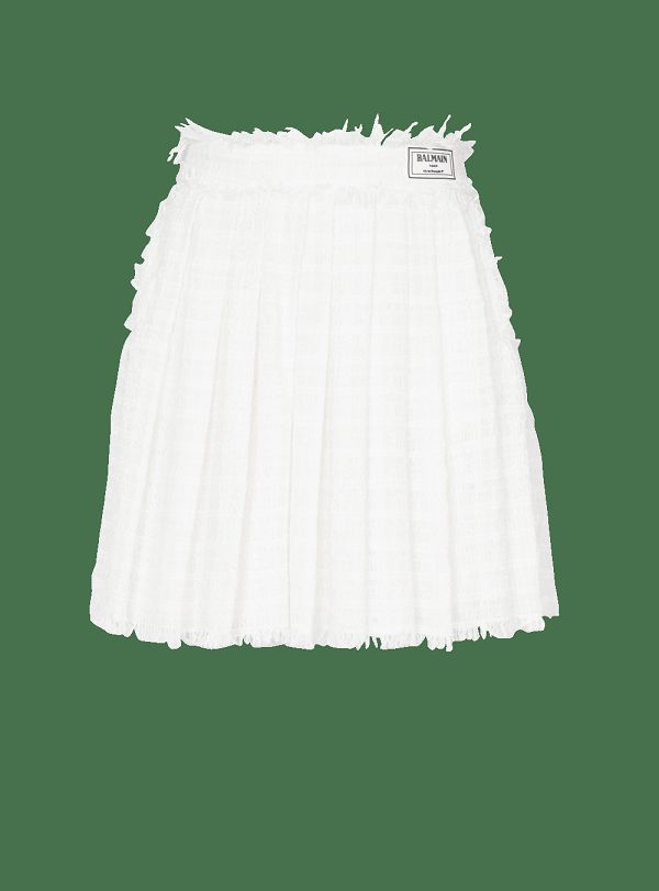 Women's Balmain Fringed Tweed Skater Skirts White | USA BN77sbc4