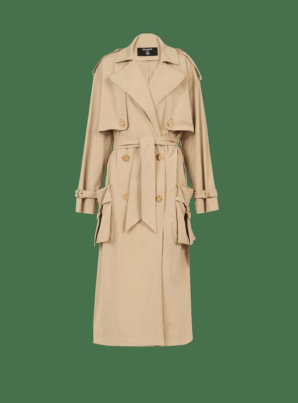 Women's Balmain Gabardine Trench Jackets Beige | USA UtQW0gWm