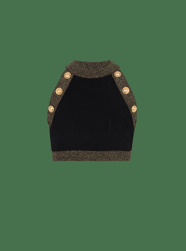 Women's Balmain Gold-trimmed Knit Crop Tops Black | USA X1XCz78c