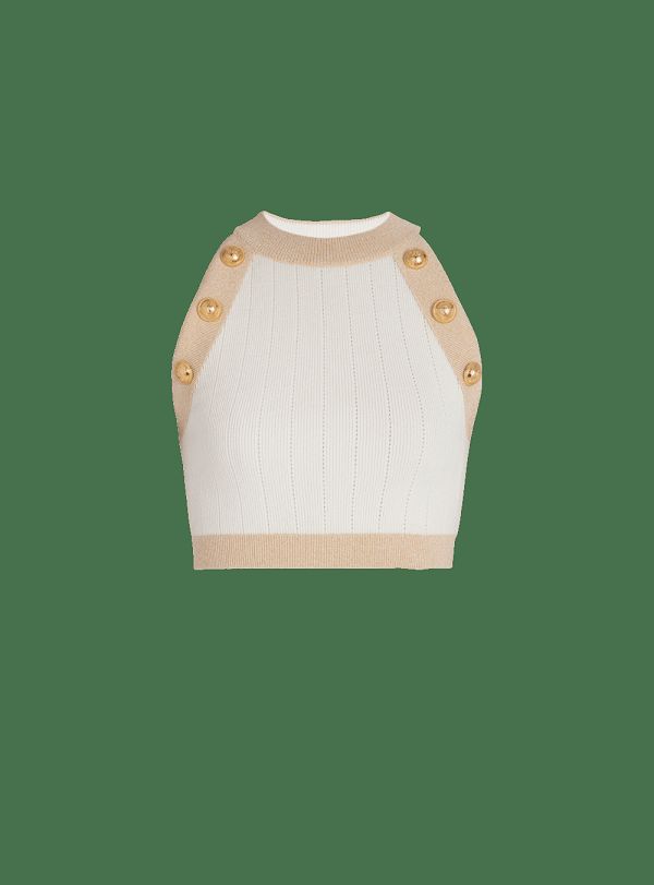 Women's Balmain Gold-trimmed Knit Crop Tops White | USA b0ozO9gA