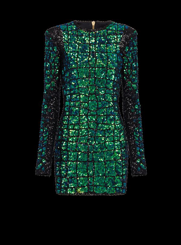 Women's Balmain Iridescent Crocodile Effect Embroidered Dress Green | USA WeSaIUrg