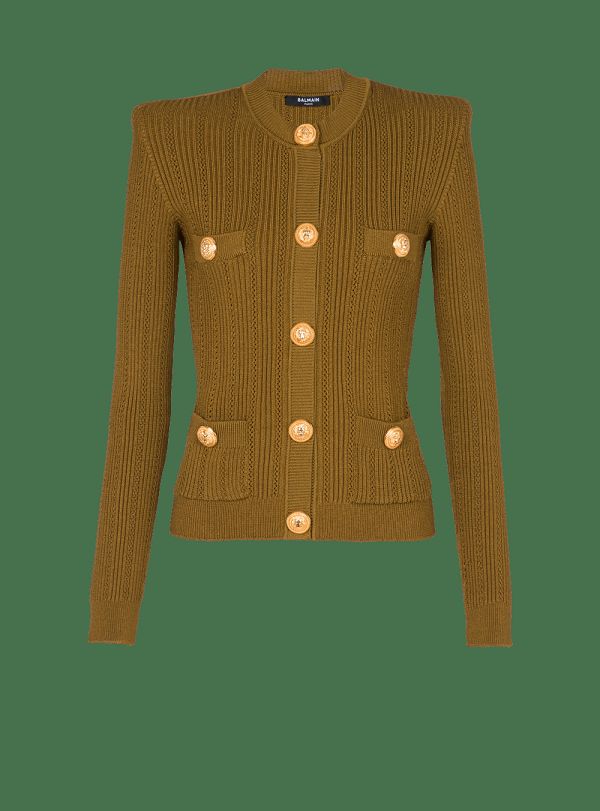 Women's Balmain Knit With Gold Buttons Cardigan Khaki | USA 1FTDYhcL