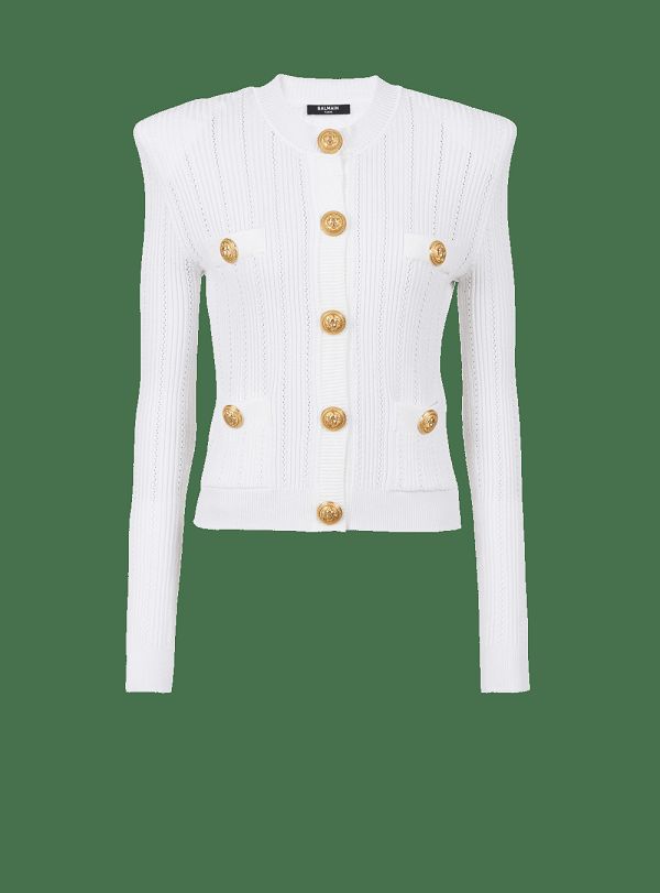 Women's Balmain Knit With Gold Buttons Cardigan White | USA krk5F263