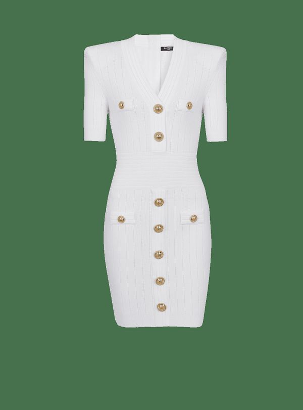 Women's Balmain Knitted With Buttons Dress White | USA hvpEA1sM