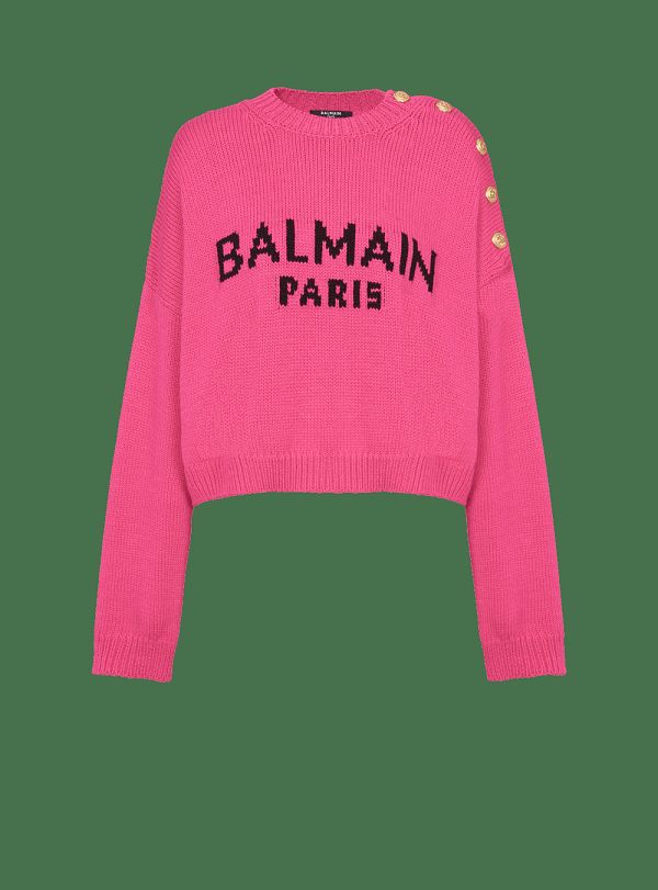 Women's Balmain Logo Cropped Knit Jumpers Pink | USA WFAXTERJ